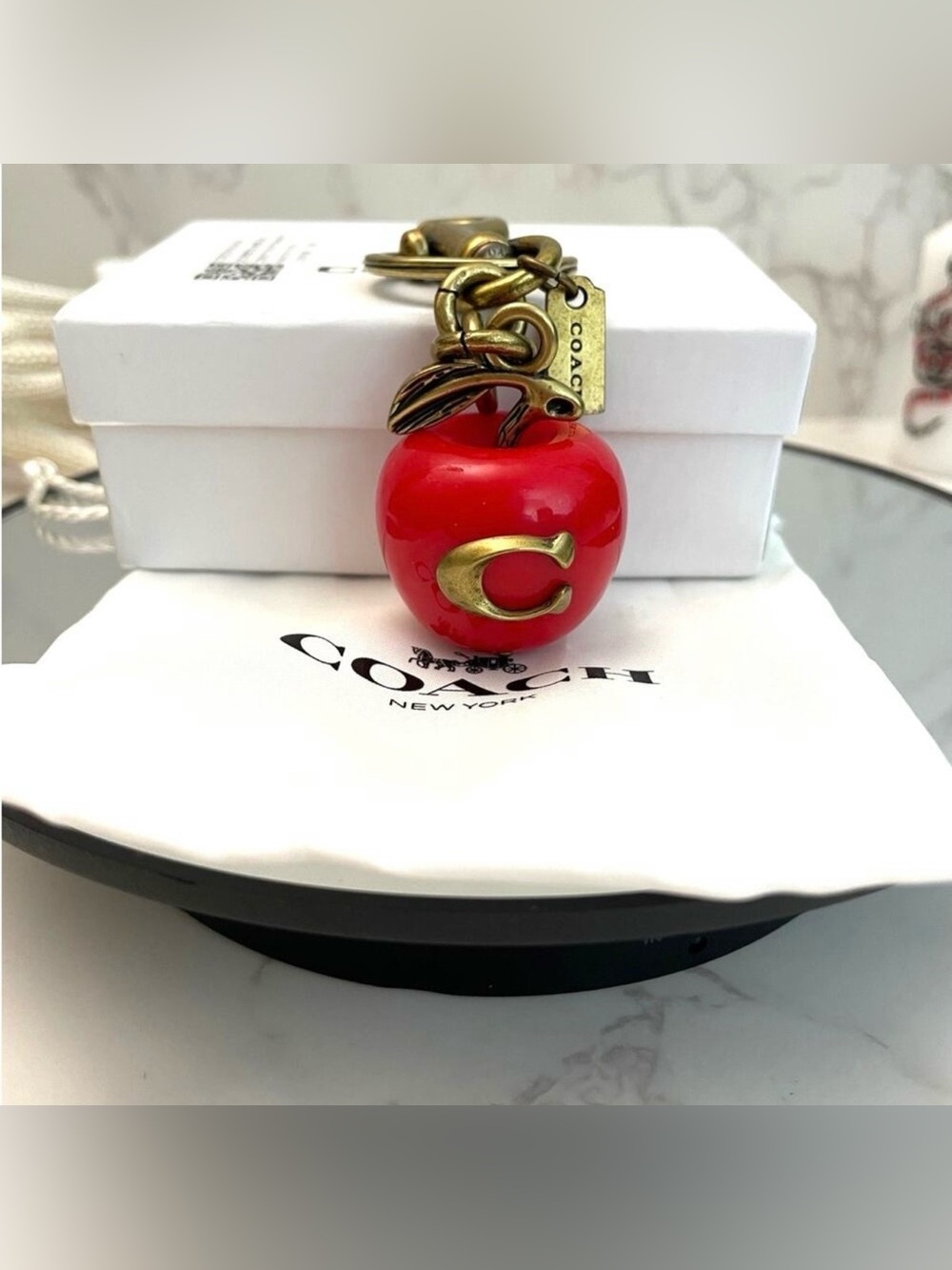 Coach Red Apple Charm Key Ring with Antique Gold Hardware! With Iconic C NWB!